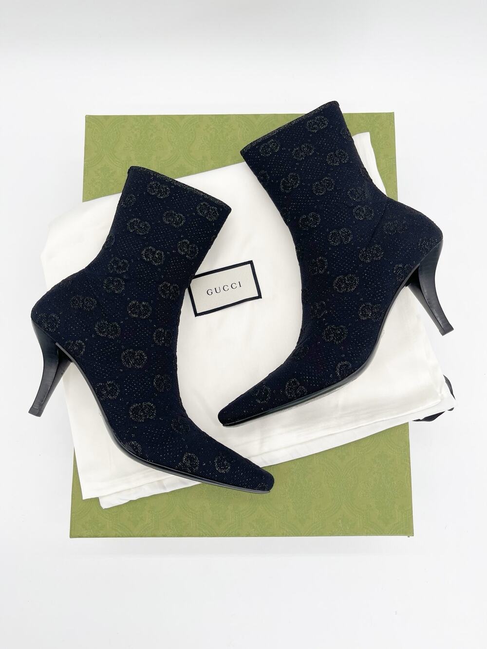 Gucci Demi Black Shimmer Glitter GG Logo Technical Knit Ankle Sock Boots IT 37.5